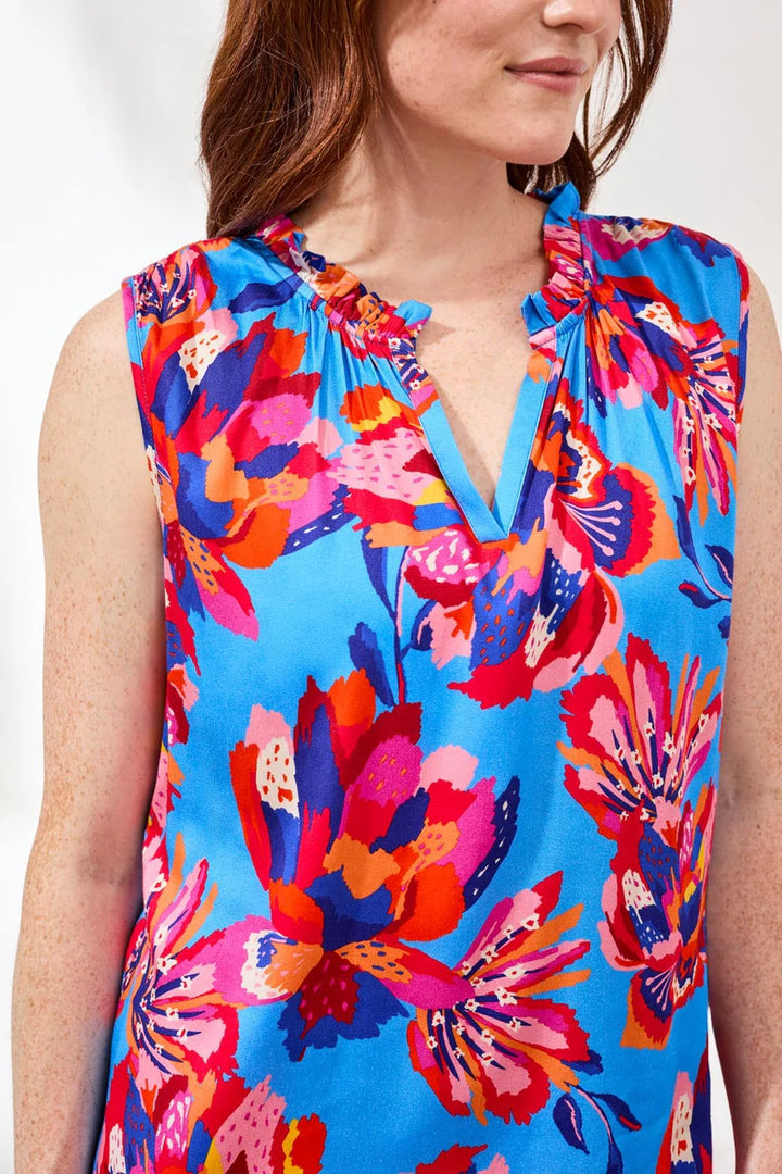 Tribal Notch Neck Frill Detail Printed Blouse Turkish Sea