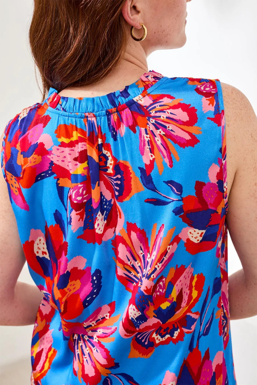 Tribal Notch Neck Frill Detail Printed Blouse Turkish Sea
