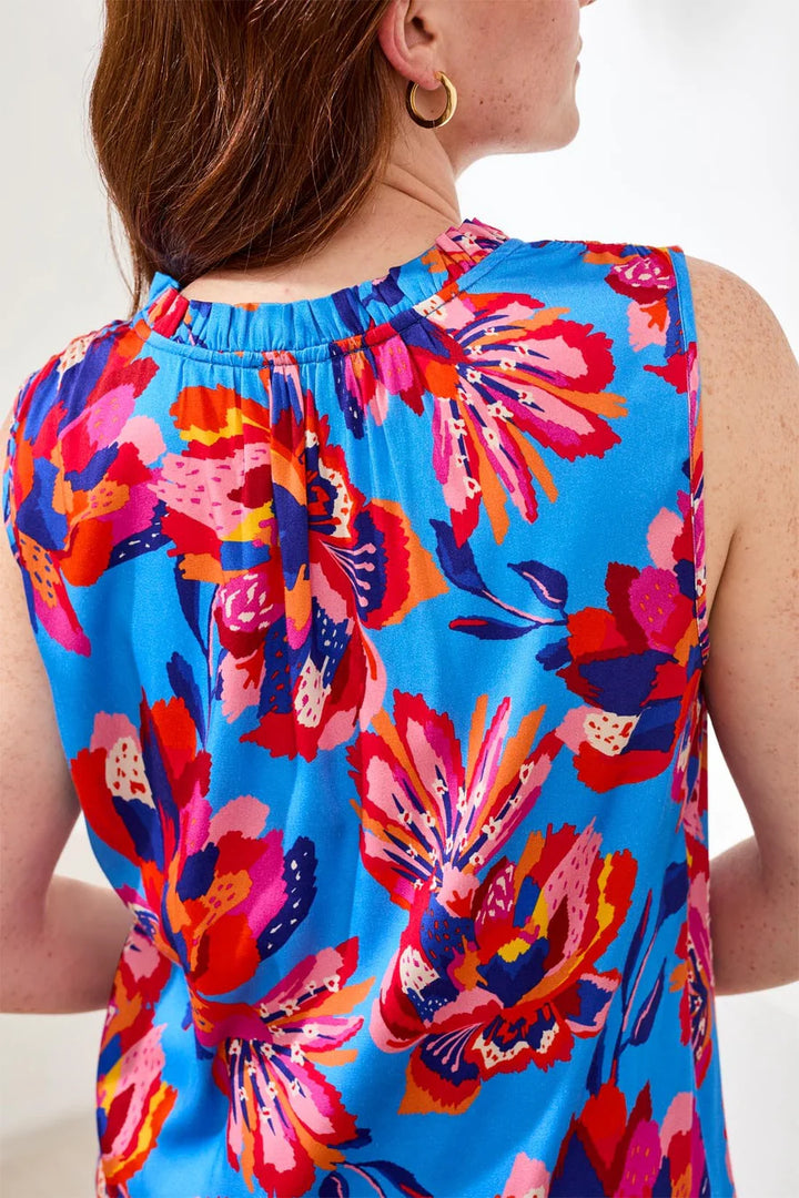 Tribal Notch Neck Frill Detail Printed Blouse Turkish Sea