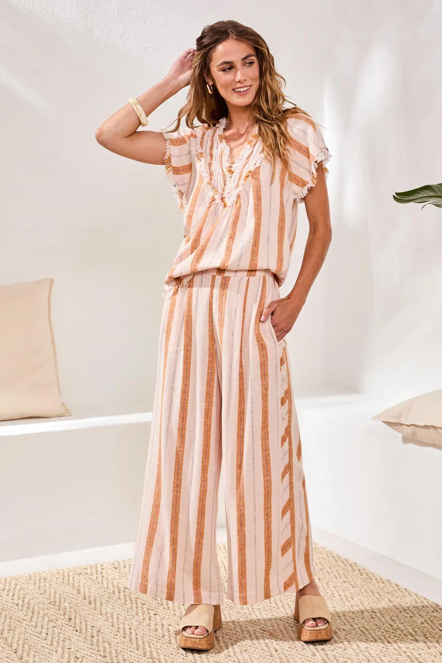 Tribal Pull-On Flowy Wide-Leg Pants With Pockets - Sahara Beige