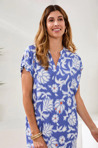 Tribal Ruffle-Sleeve Notch Neck Shift Dress Baja Blue