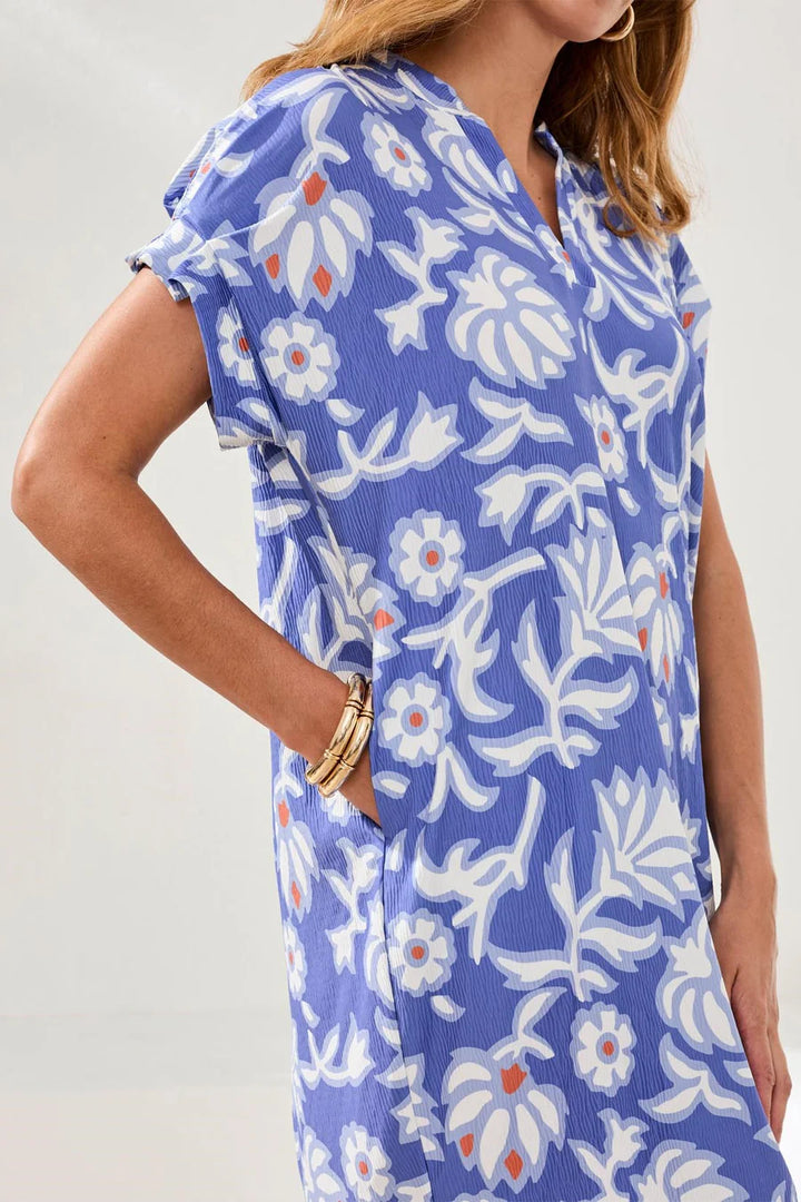 Tribal Ruffle-Sleeve Notch Neck Shift Dress Baja Blue