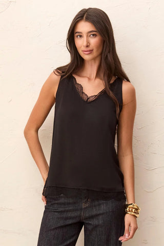 Tribal Satin Feel V-Neck Cami With Lace Trim Black