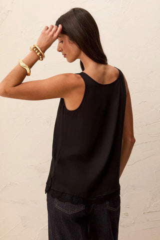 Tribal Satin Feel V-Neck Cami With Lace Trim Black
