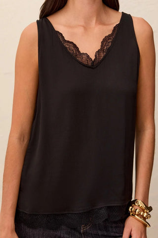 Tribal Satin Feel V-Neck Cami With Lace Trim Black