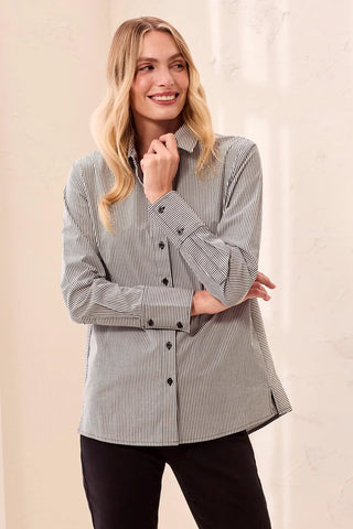 Tribal Striped Stretch Poplin Long Sleeve Button Front Shirt Black