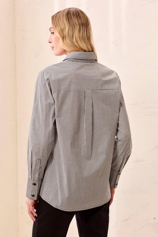 Tribal Striped Stretch Poplin Long Sleeve Button Front Shirt Black