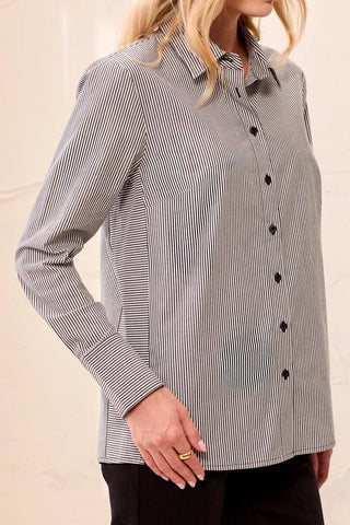 Tribal Striped Stretch Poplin Long Sleeve Button Front Shirt Black