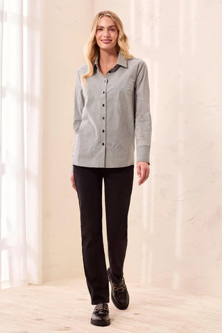 Tribal Striped Stretch Poplin Long Sleeve Button Front Shirt Black
