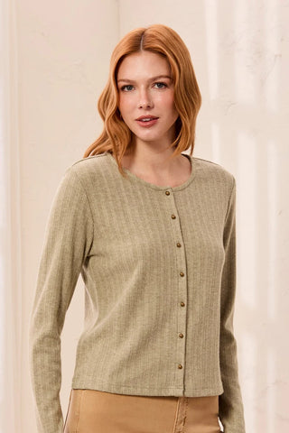 Tribal Soft Textured Crew Neck Button-Front Long Sleeve Knit Top Aloe