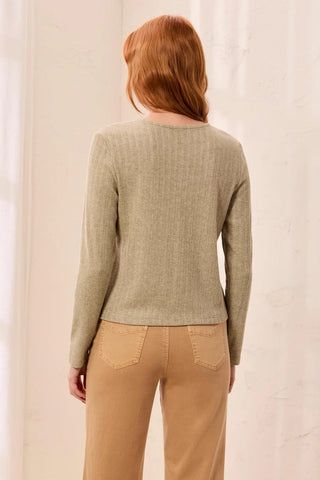Tribal Soft Textured Crew Neck Button-Front Long Sleeve Knit Top Aloe