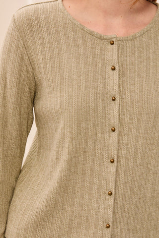Tribal Soft Textured Crew Neck Button-Front Long Sleeve Knit Top Aloe