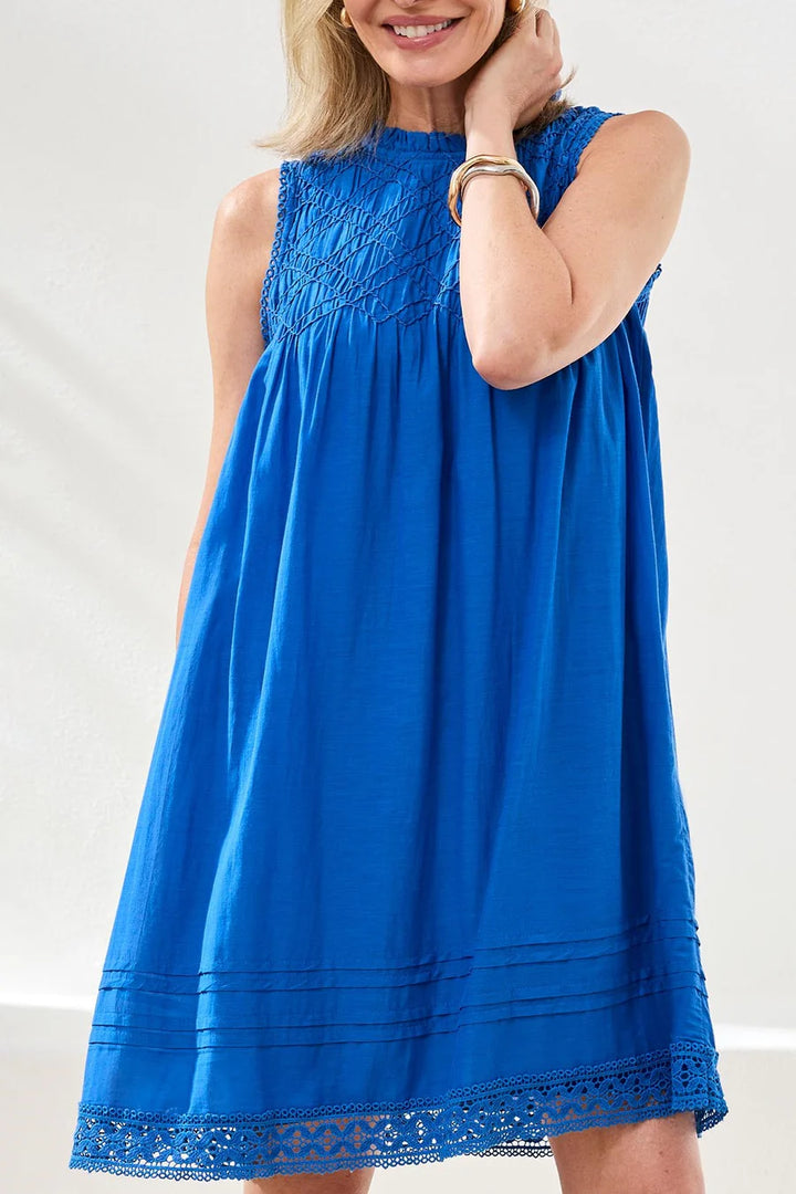 Tribal Textured Poplin Sleeveless Crewneck A-Line Dress - Turkish Sea