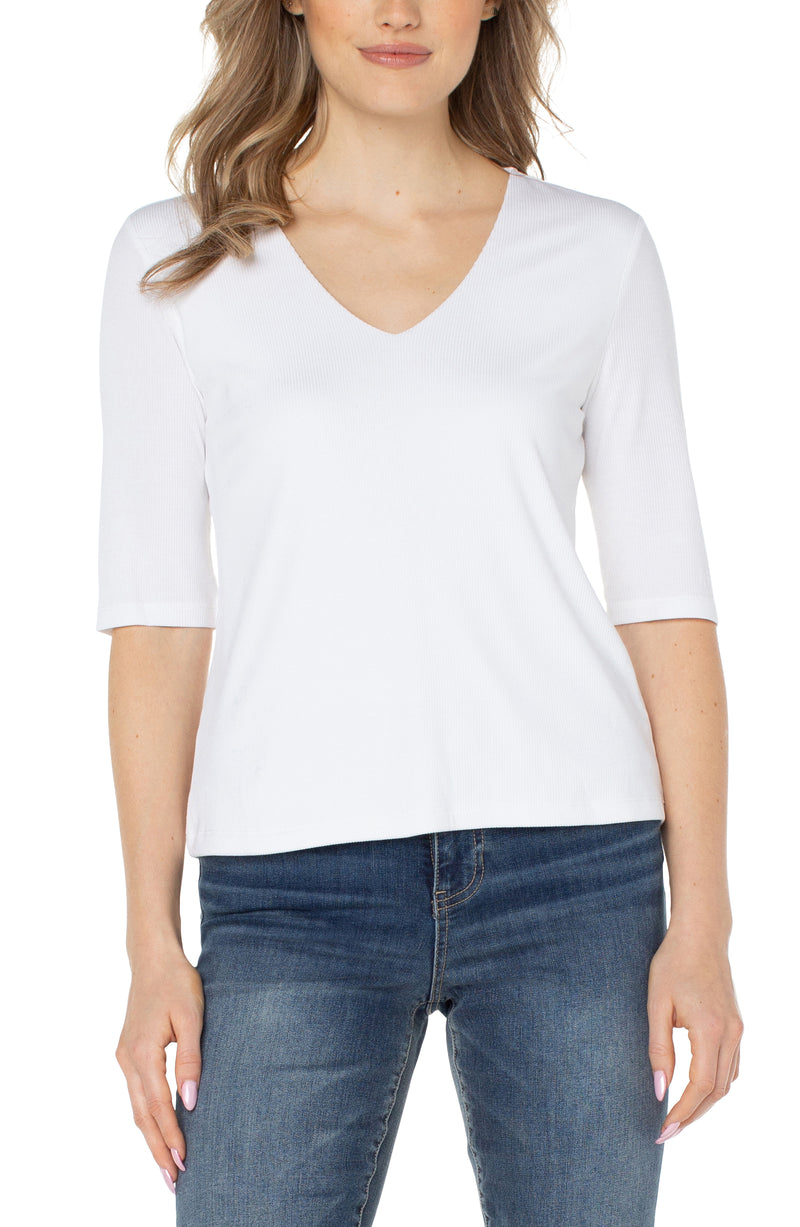 LIVERPOOL - DOUBLE LAYER V-NECK 1/2 SLEEVE RIB KNIT TOP - CREAM