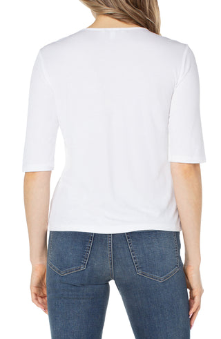 LIVERPOOL - DOUBLE LAYER V-NECK 1/2 SLEEVE RIB KNIT TOP - CREAM