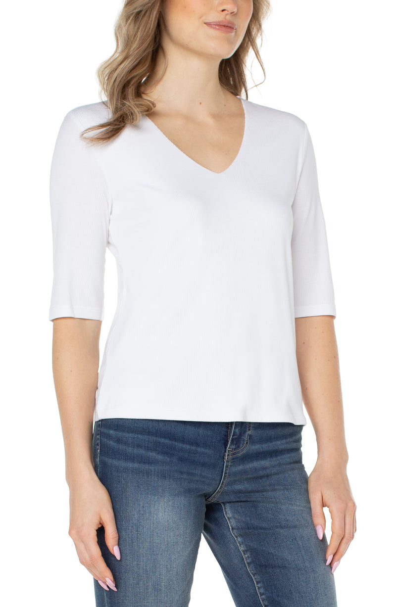 LIVERPOOL - DOUBLE LAYER V-NECK 1/2 SLEEVE RIB KNIT TOP - CREAM