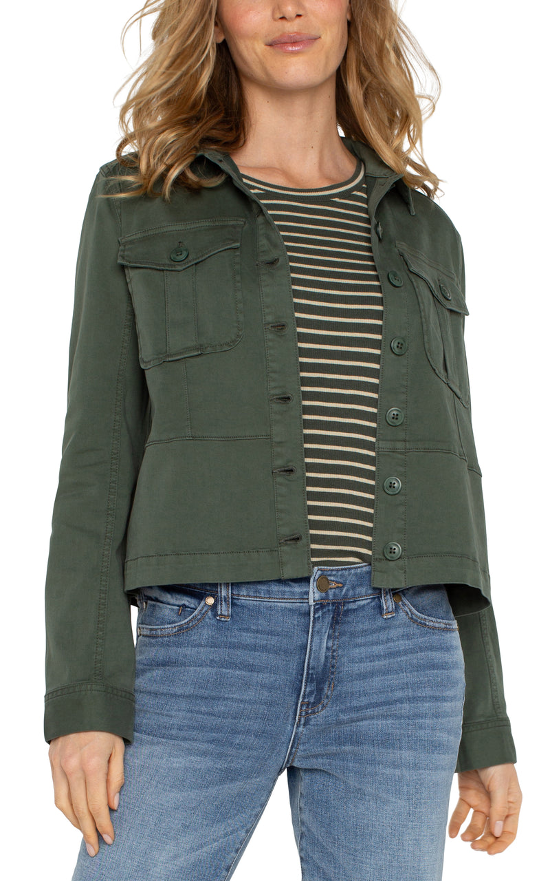 LIVERPOOL PEPLUM HEM TRUCKET JACKET - MOSS GREEN