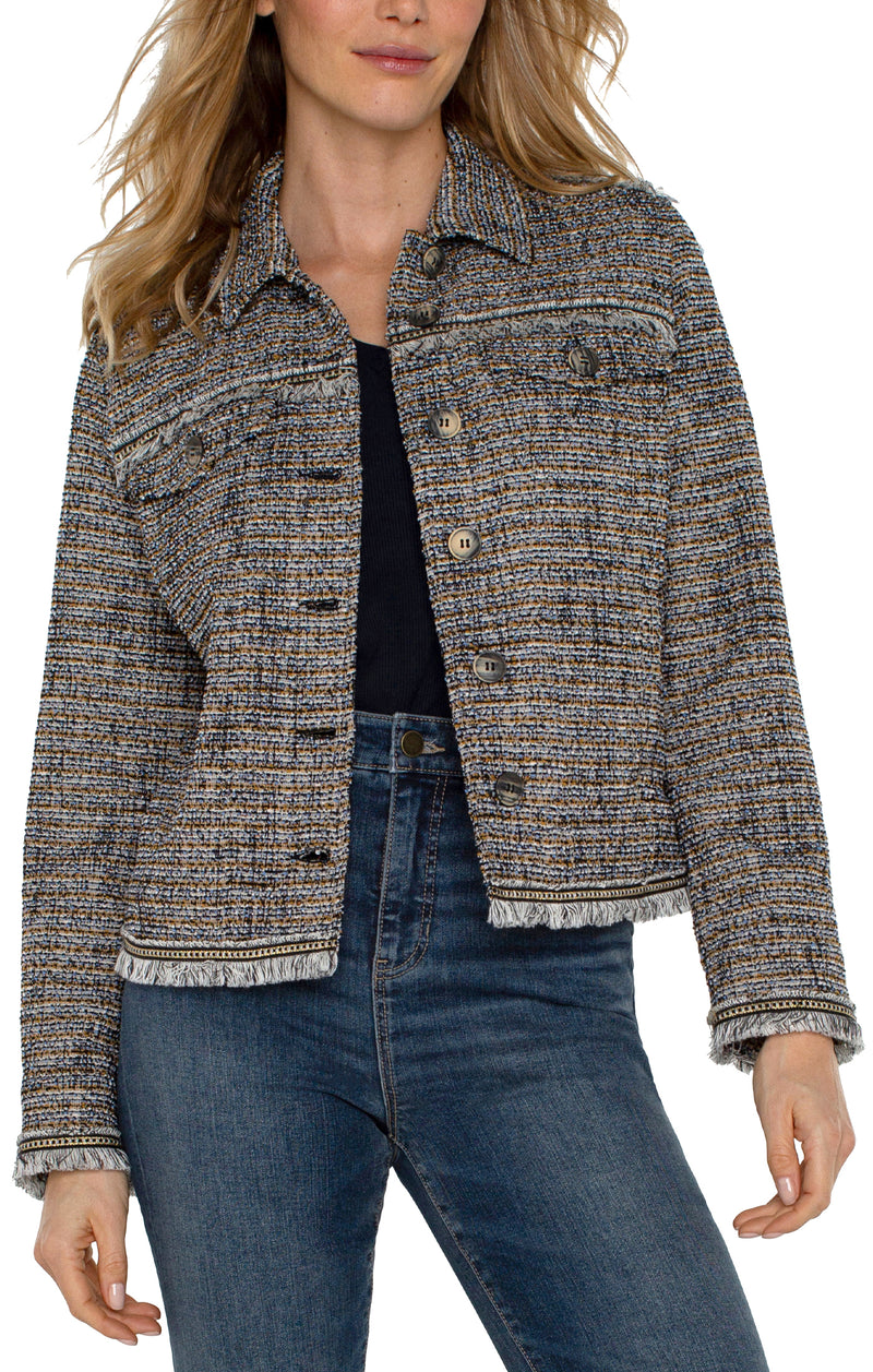 LIVERPOOL TRUCKER JACKET WITH FRAY SEAMING - LAPIS BOUCLE