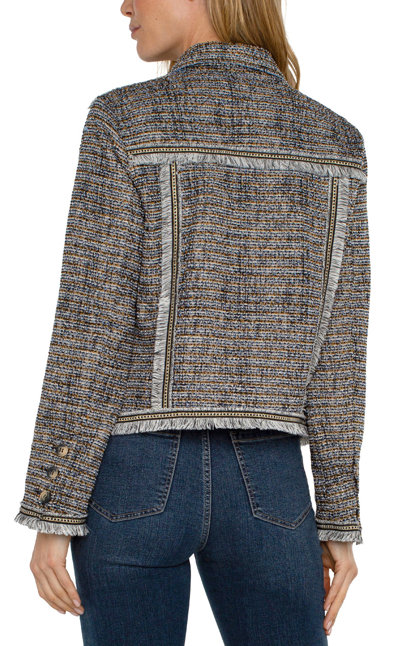 LIVERPOOL TRUCKER JACKET WITH FRAY SEAMING - LAPIS BOUCLE