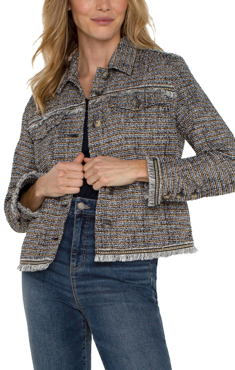 LIVERPOOL TRUCKER JACKET WITH FRAY SEAMING - LAPIS BOUCLE