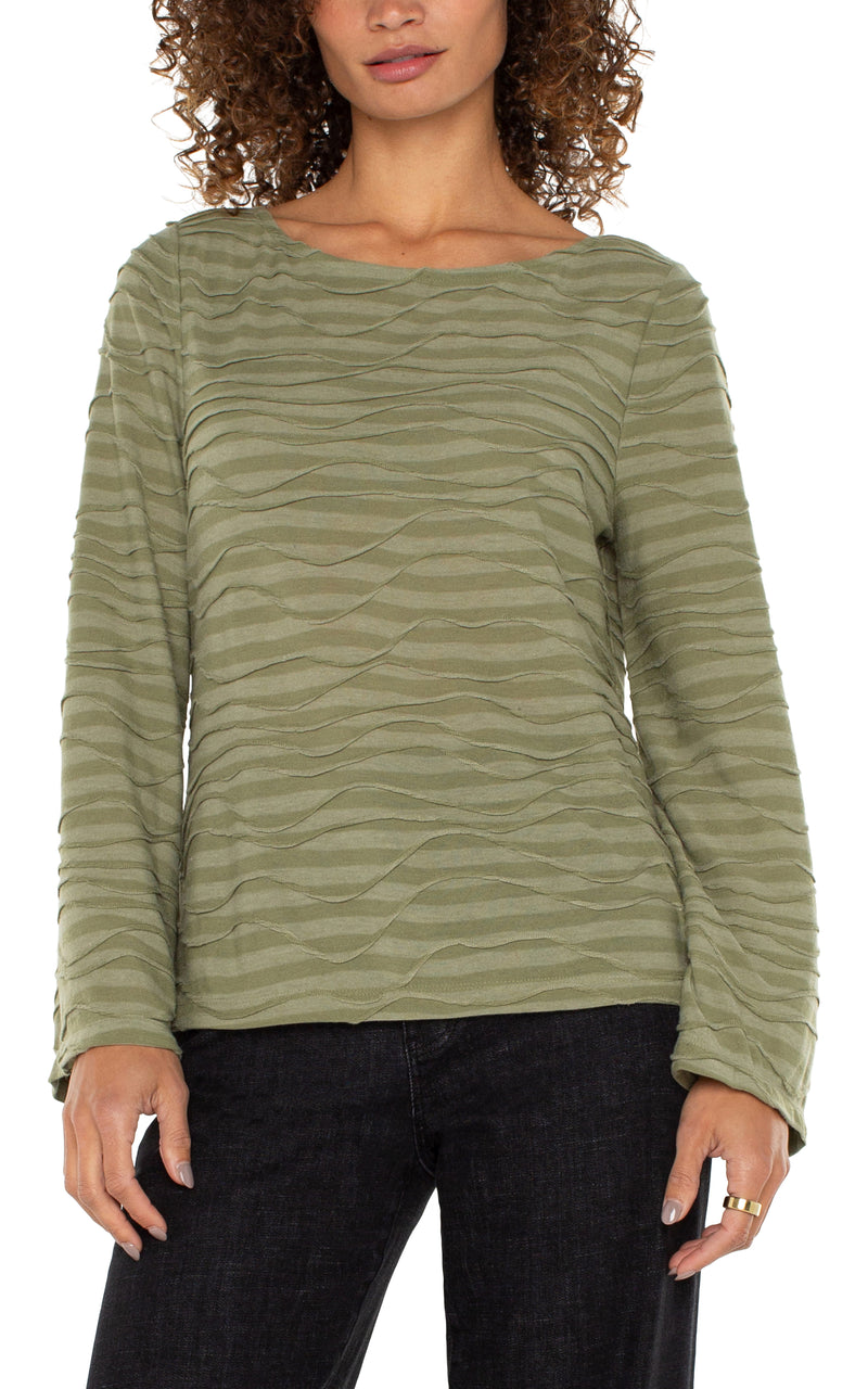 LIVERPOOL LONG FLARED SLEEVE BOAT NECK KNIT TOP - SPANISH OLIVE