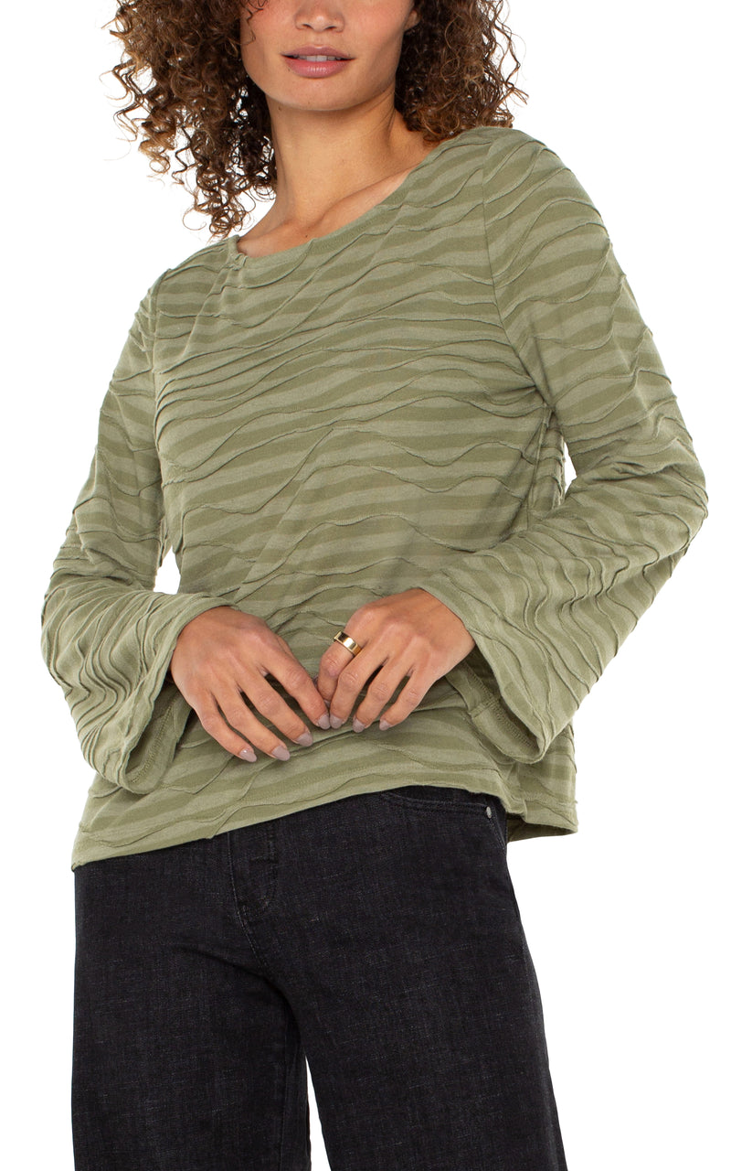 LIVERPOOL LONG FLARED SLEEVE BOAT NECK KNIT TOP - SPANISH OLIVE