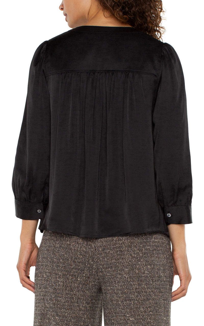 LIVERPOOL LONG SLEEVE PLEATED NECK WOVEN BLOUSE - BLACK