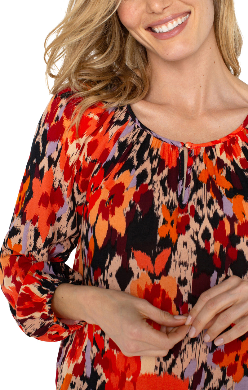 LIVERPOOL LONG SLEEVE SHIRRED WOVEN BLOUSE - BURN ORANGE FLORAL