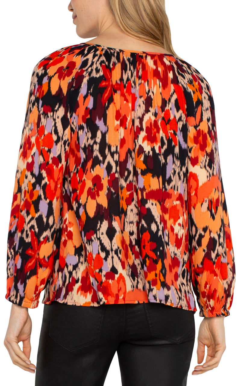 LIVERPOOL LONG SLEEVE SHIRRED WOVEN BLOUSE - BURN ORANGE FLORAL