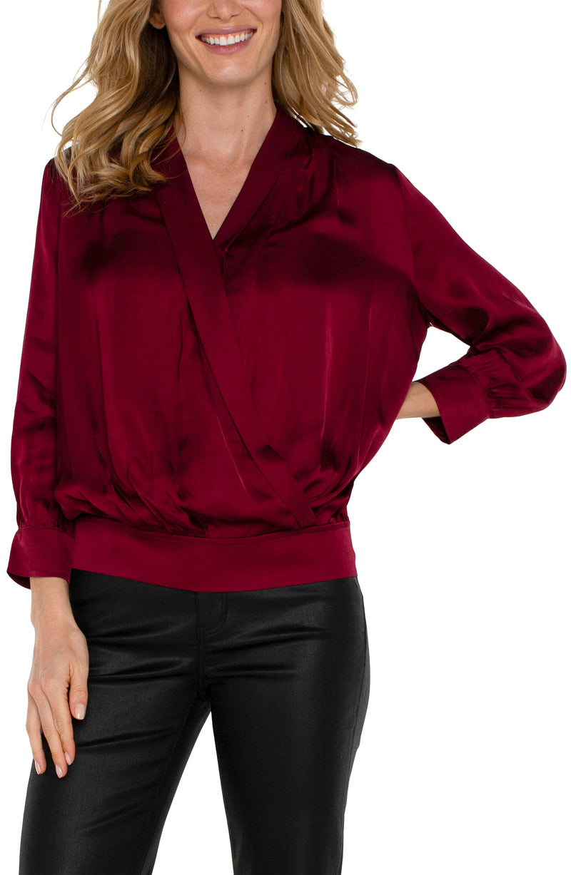 LIVERPOOL SHAWL WRAP FRONT BRACELET SLEEVE BLOUSE - DARK PINOT NOIR