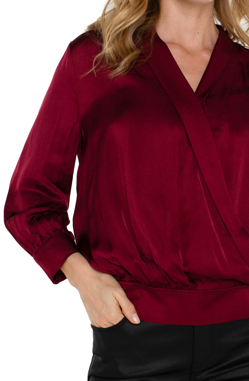 LIVERPOOL SHAWL WRAP FRONT BRACELET SLEEVE BLOUSE - DARK PINOT NOIR