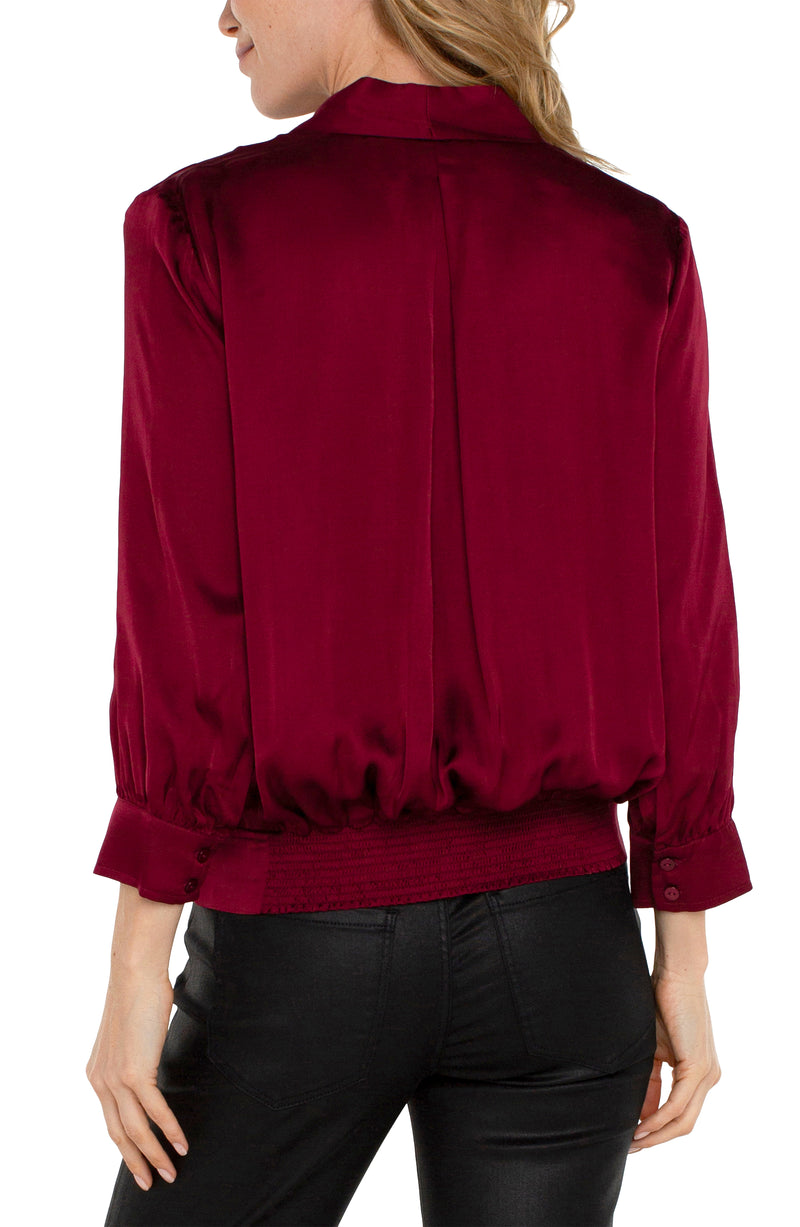 LIVERPOOL SHAWL WRAP FRONT BRACELET SLEEVE BLOUSE - DARK PINOT NOIR