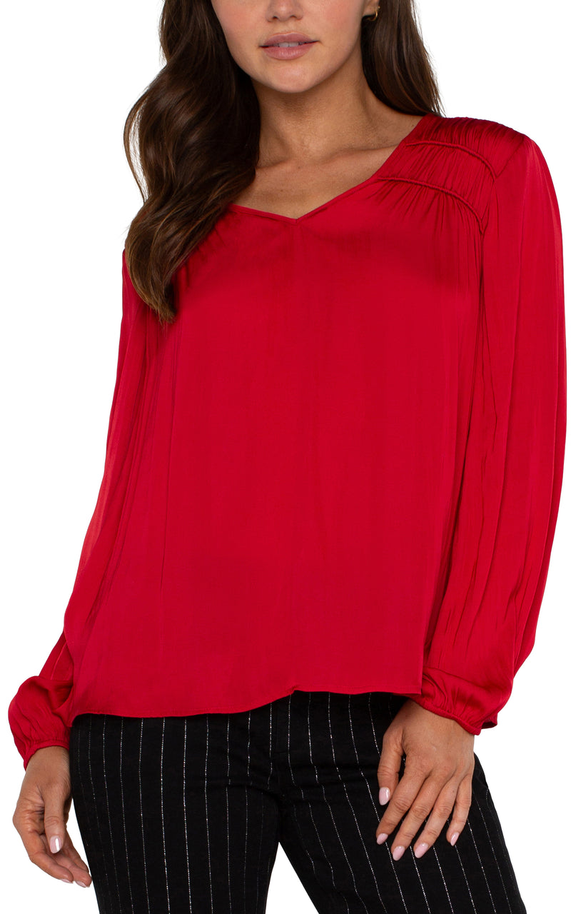 LIVERPOOL LONG SLEEVE V-NECK WOVEN BLOUSE WITH SHIRRING - TANGO RED