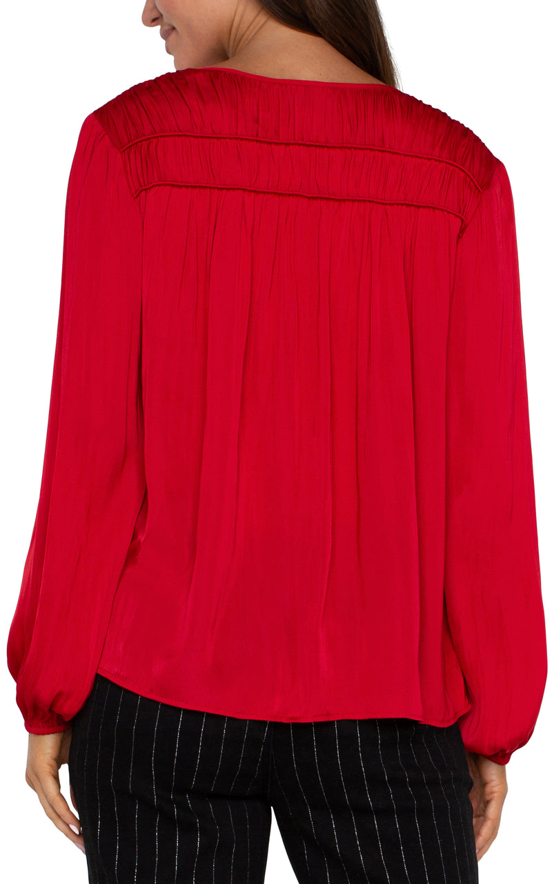 LIVERPOOL LONG SLEEVE V-NECK WOVEN BLOUSE WITH SHIRRING - TANGO RED