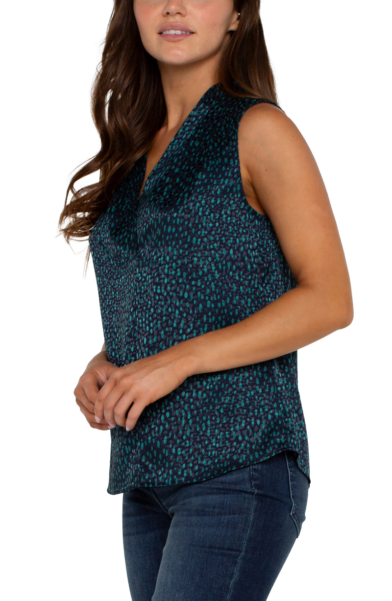 LIVERPOOL SLEEVELESS PLEATED NECK WOVEN BLOUSE - NAVY MALACHITE