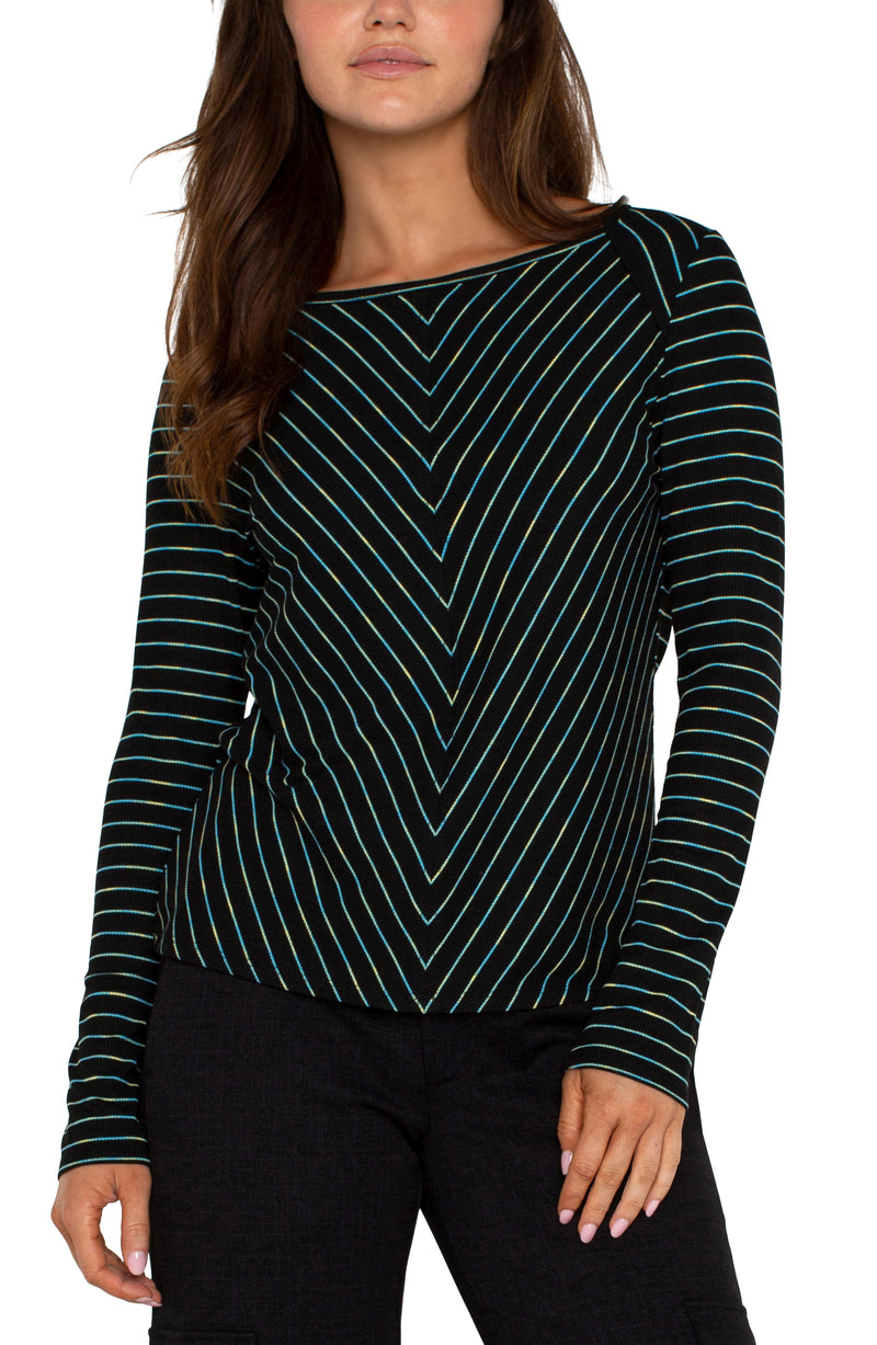 LIVERPOOL LONG SLEEVE BOAT NECK KNIT TOP W/MITER FRONT - MALACHITE STRIPE