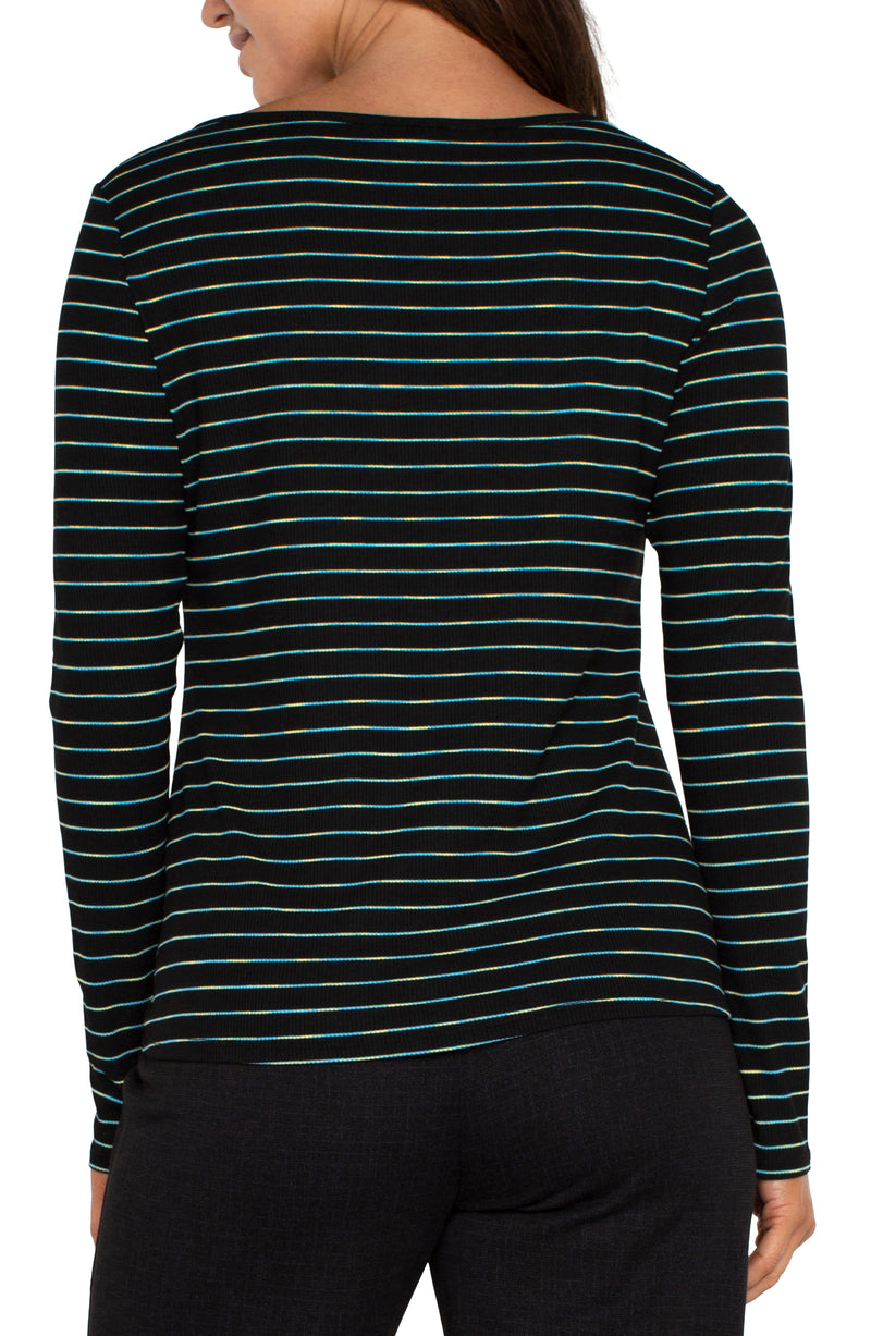 LIVERPOOL LONG SLEEVE BOAT NECK KNIT TOP W/MITER FRONT - MALACHITE STRIPE