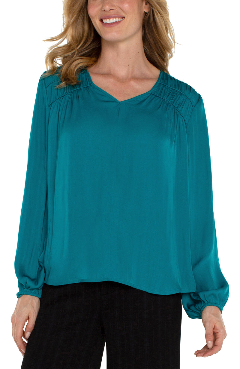 LIVERPOOL LONG SLEEVE V-NECK WOVEN BLOUSE W/ SHIRRING - MALACHITE