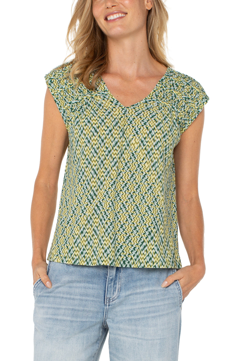 Liverpool Short Sleeve Dolman Tie Back Knit Top - Green Mint Chevron