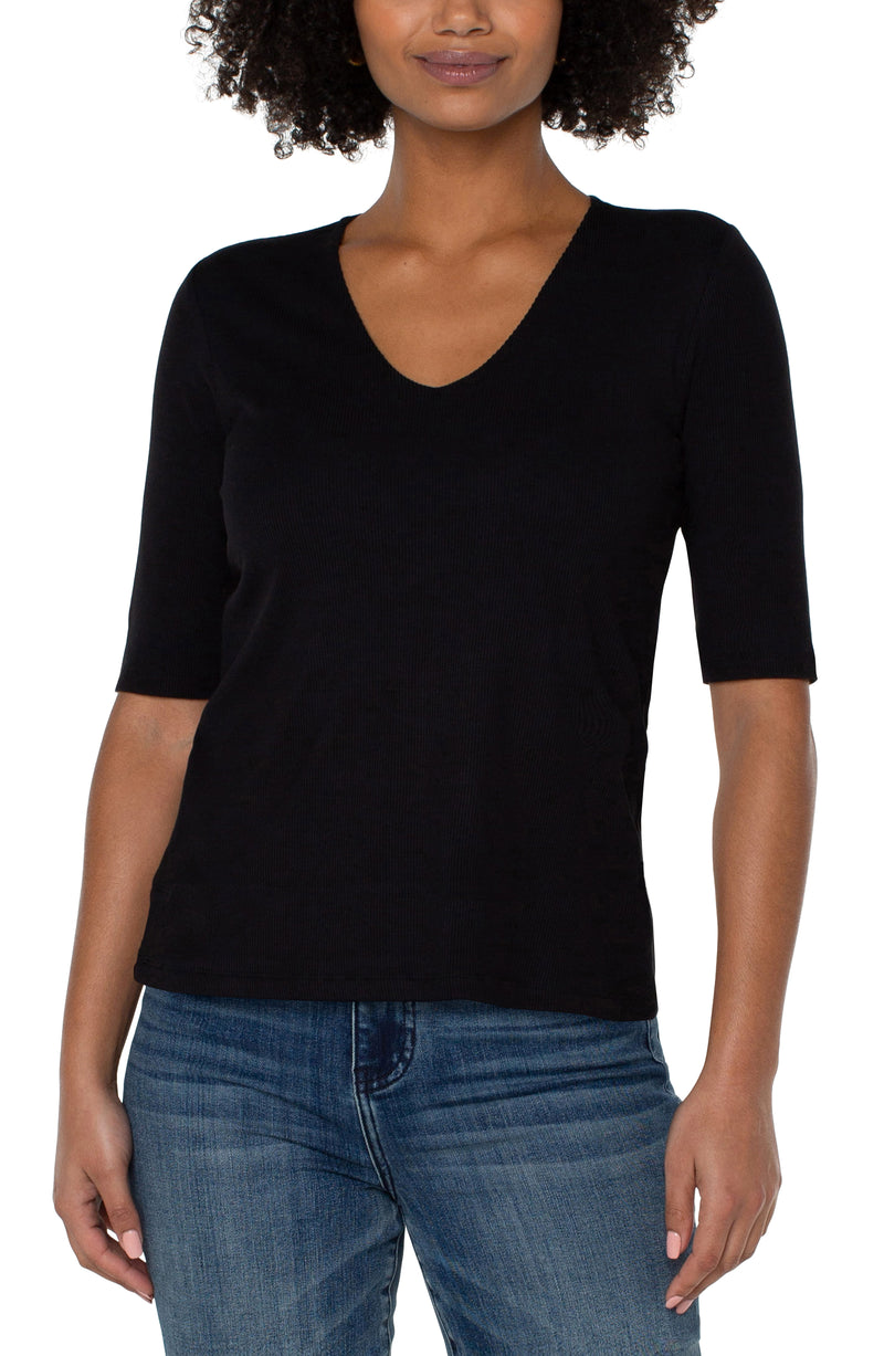 LIVERPOOL - Double Layer V-neck Rib Knit Top - Black