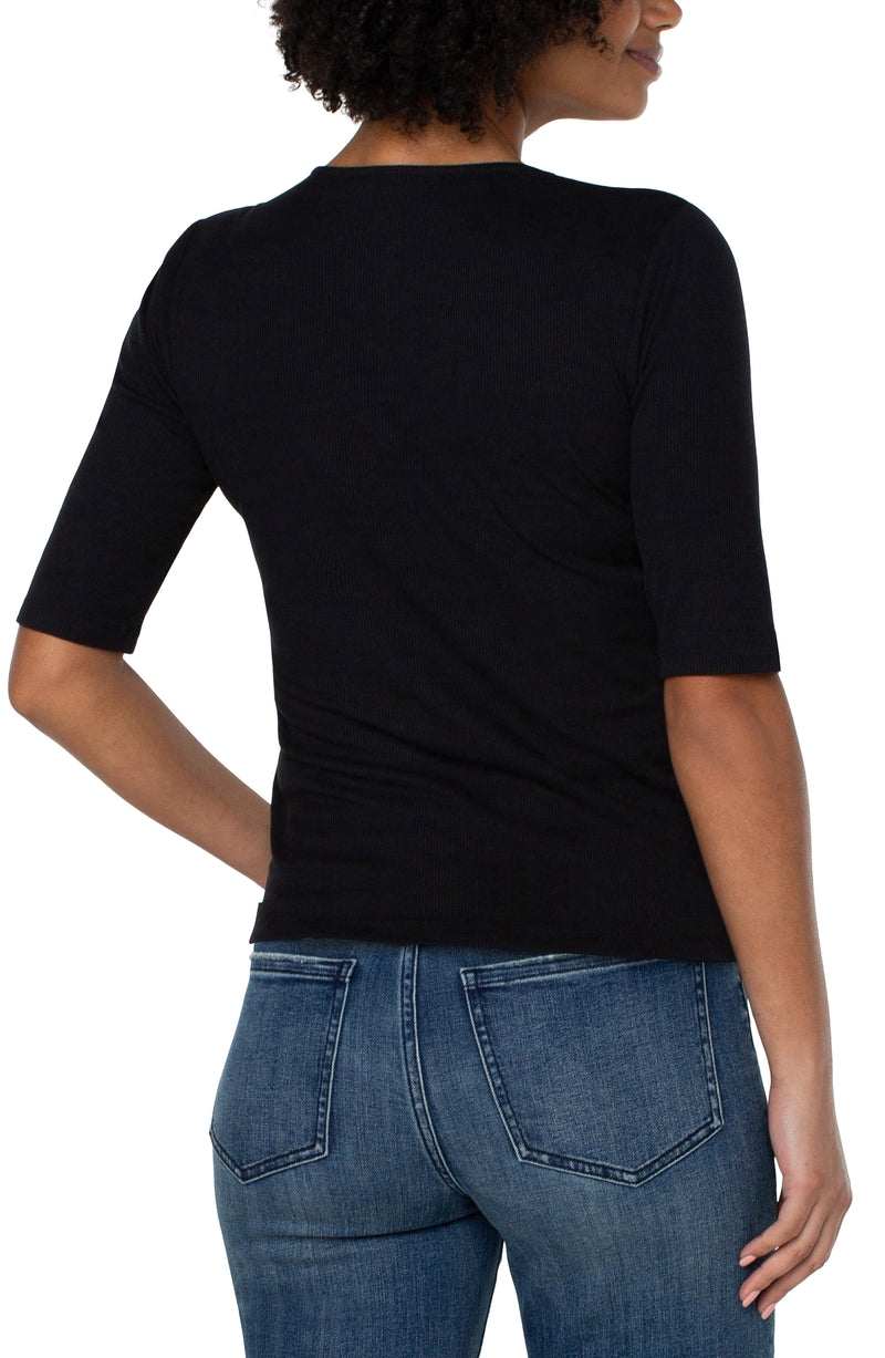 LIVERPOOL - Double Layer V-neck Rib Knit Top - Black