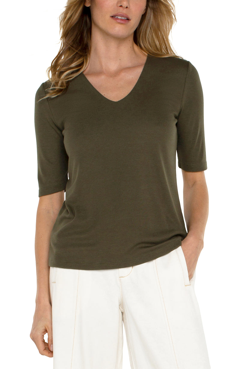 LIVERPOOL - DOUBLE LAYER V-NECK 1/2 SLEEVE RIB KNIT TOP - Olive