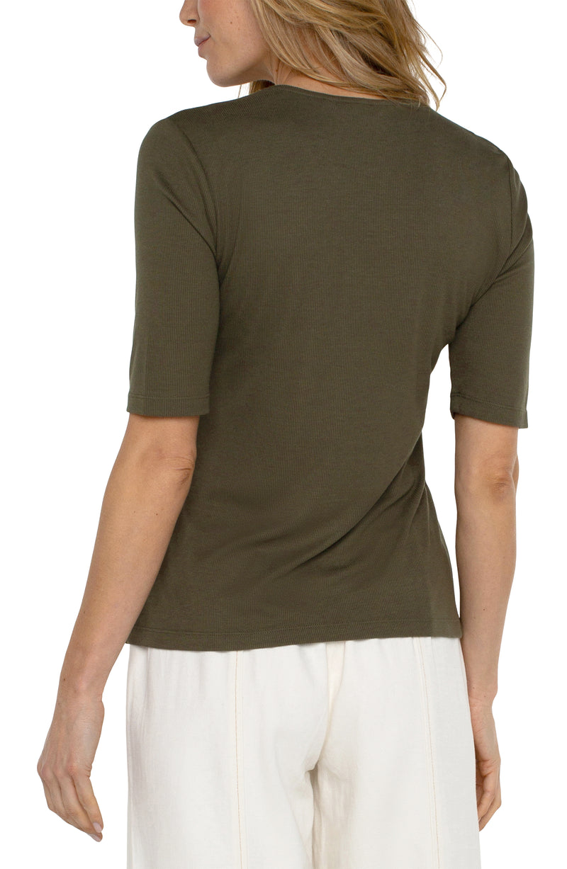 LIVERPOOL - DOUBLE LAYER V-NECK 1/2 SLEEVE RIB KNIT TOP - Olive