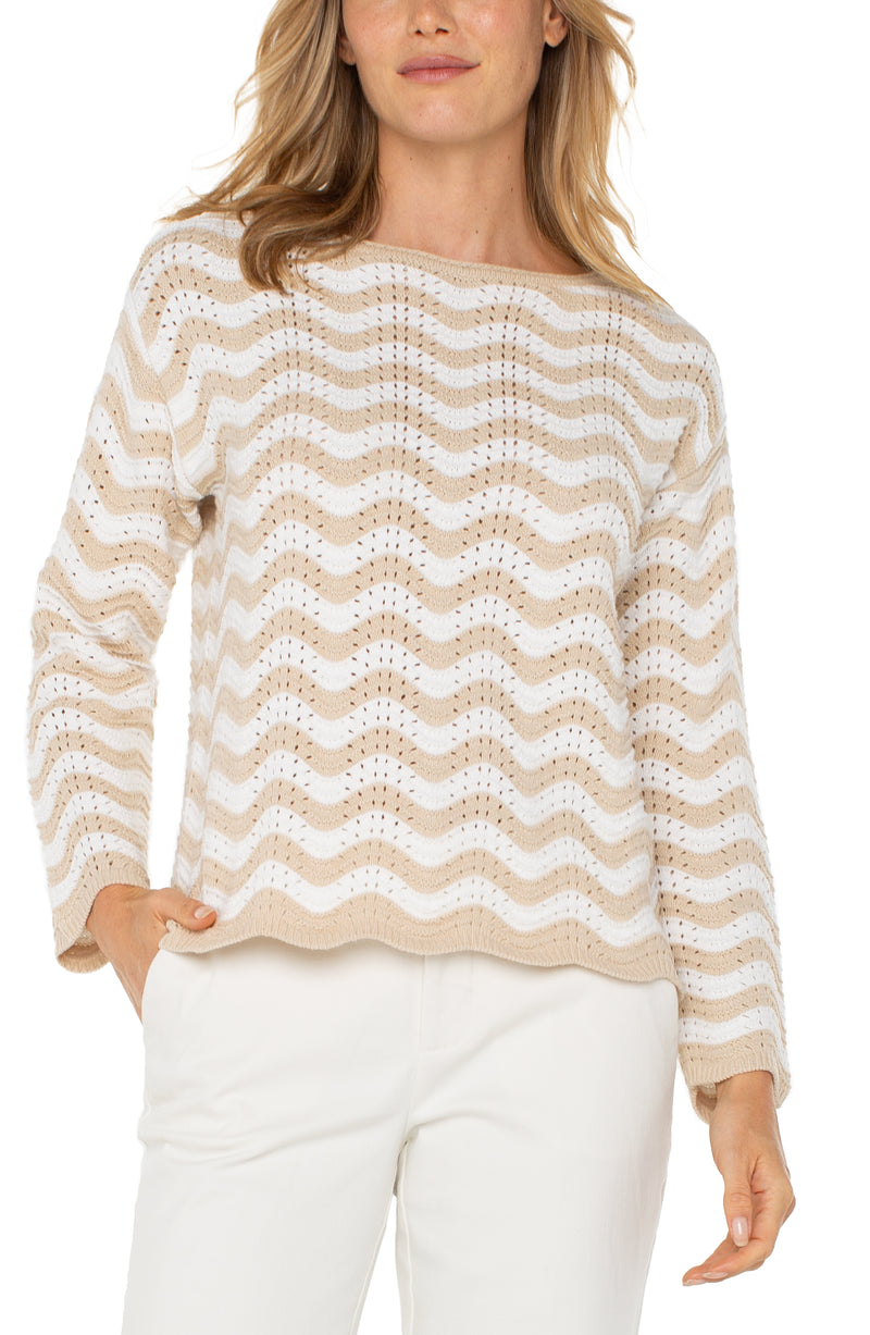 Liverpool Long Sleeve Boatneck Sweater - Tan Ivory Stripe