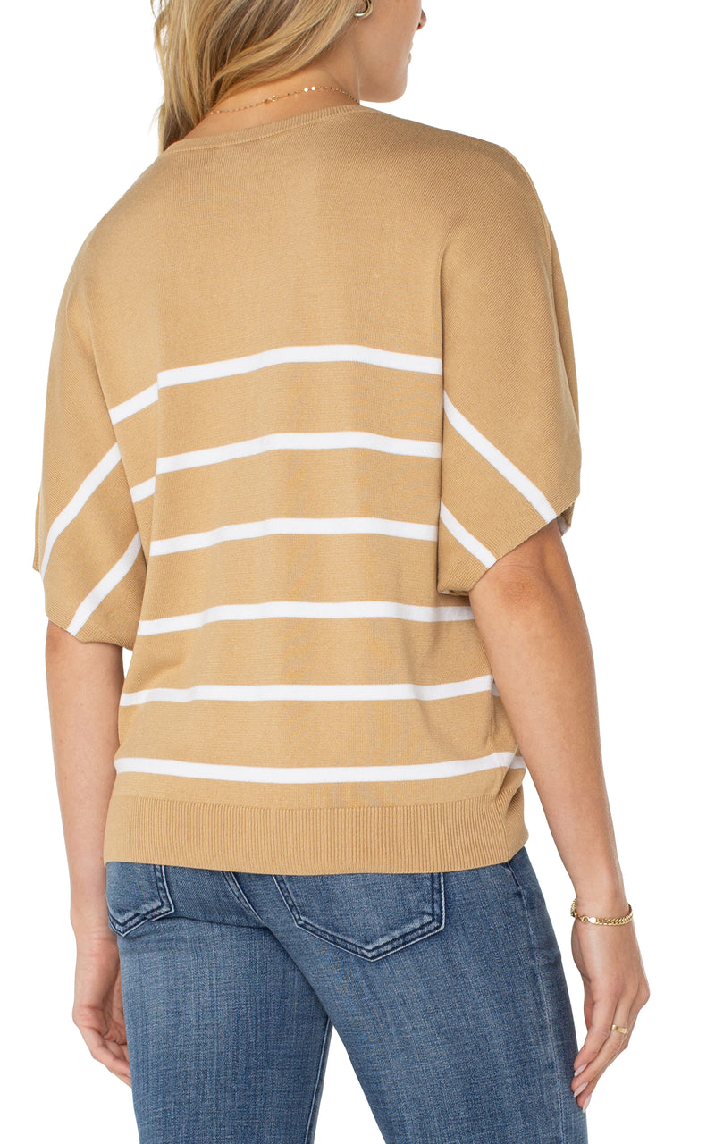 Liverpool Short Sleeve Dolman V-neck Sweater - Tan White Stripe