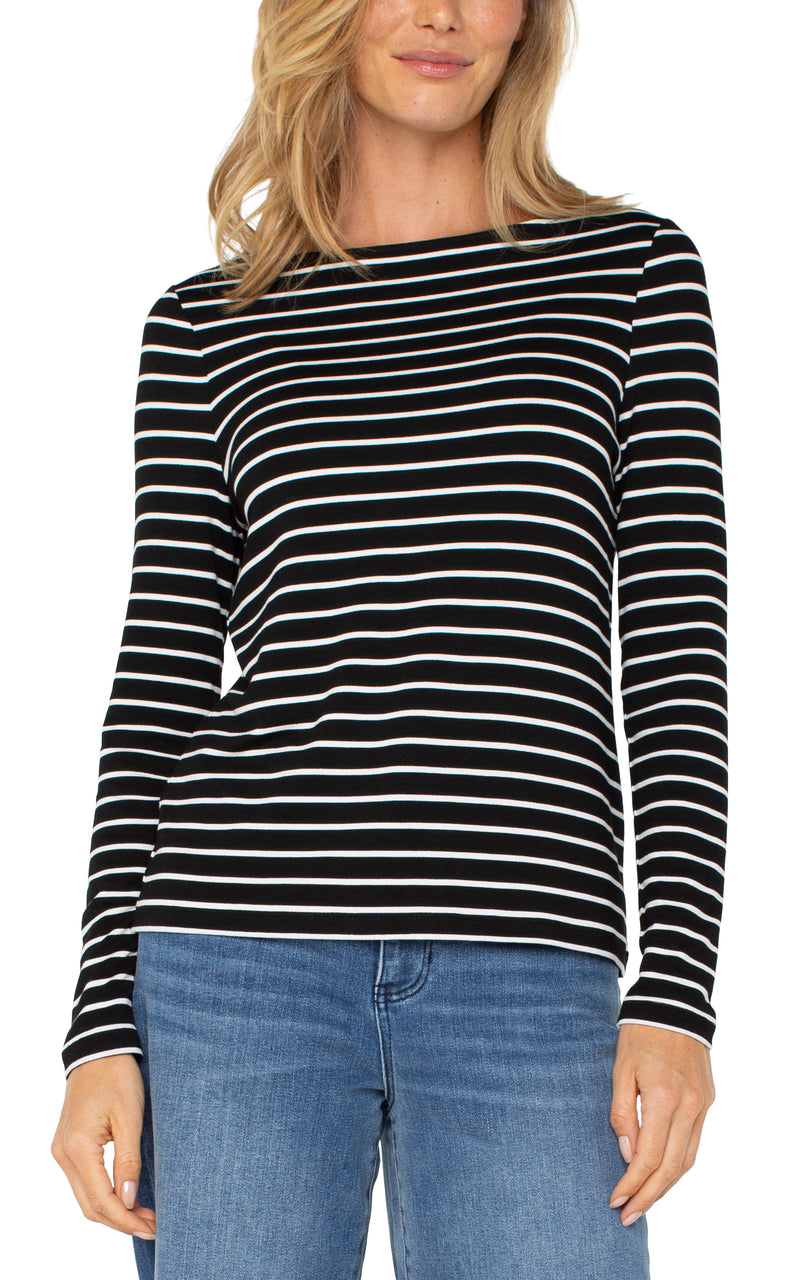 Liverpool Long Sleeve Boatneck Knit Top - Black with White