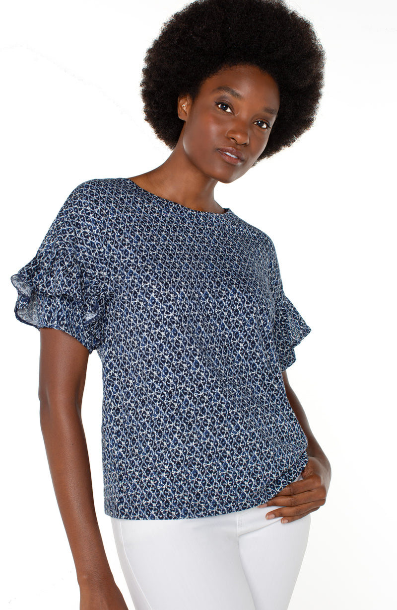 Liverpool 1/2 Sleeve Drop Shoulder With Ruffle - Navy Cream Batik