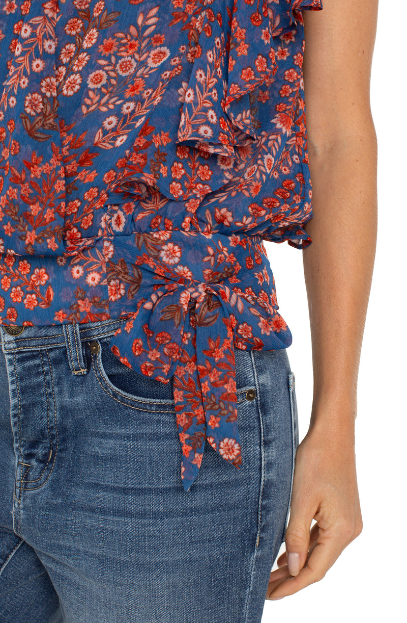 Liverpool Draped Front Top With Waist Tie - Blue Pink Floral