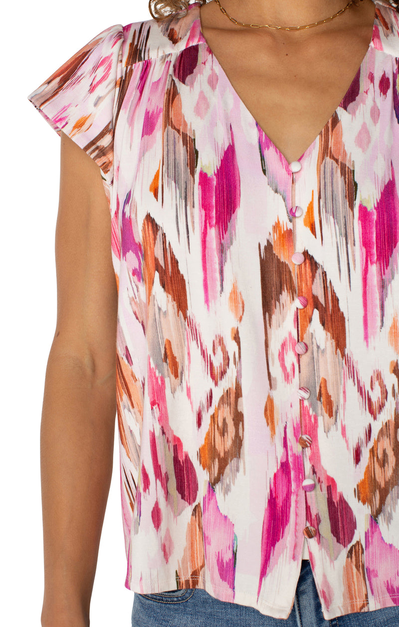 Liverpool Flutter Sleeve Button Front Knit Top - Pink Painted Ikat