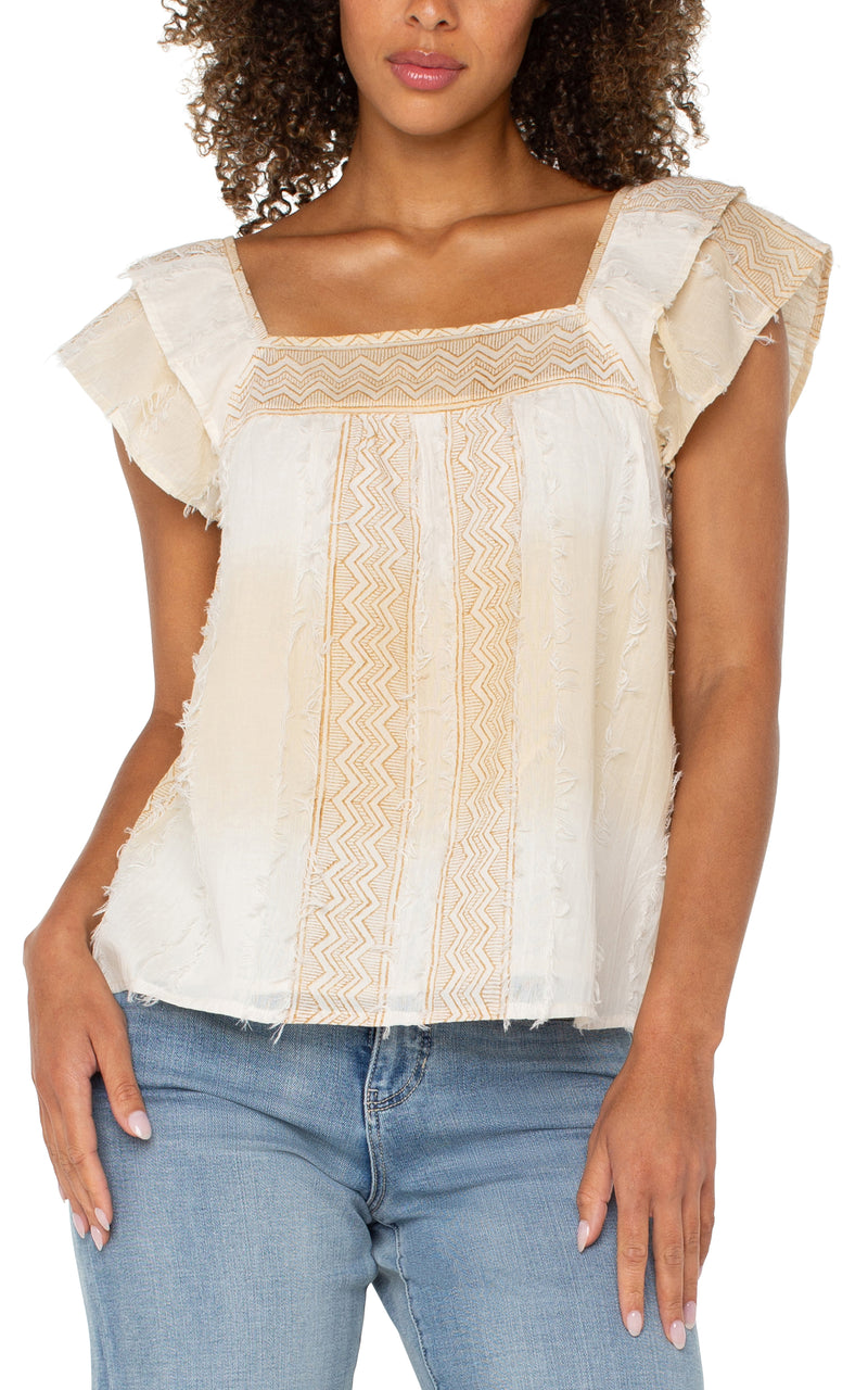 Liverpool Short Sleeve Square Neck Woven Blouse - Brn Cream Stripe